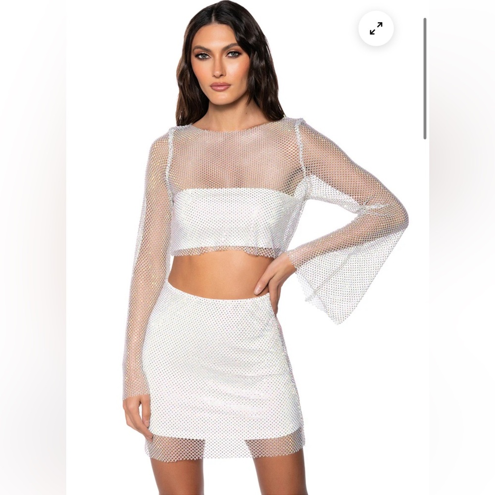 Akira Flashing Lights Rhinestone Mesh Long Sleeve Top & Mini Skirt Set in White